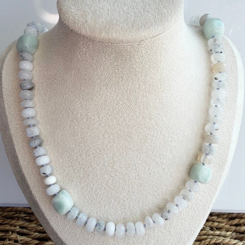 20" Silk Knotted Rainbow Moonstone, Botswana Agate, & Green Moonstone Necklace